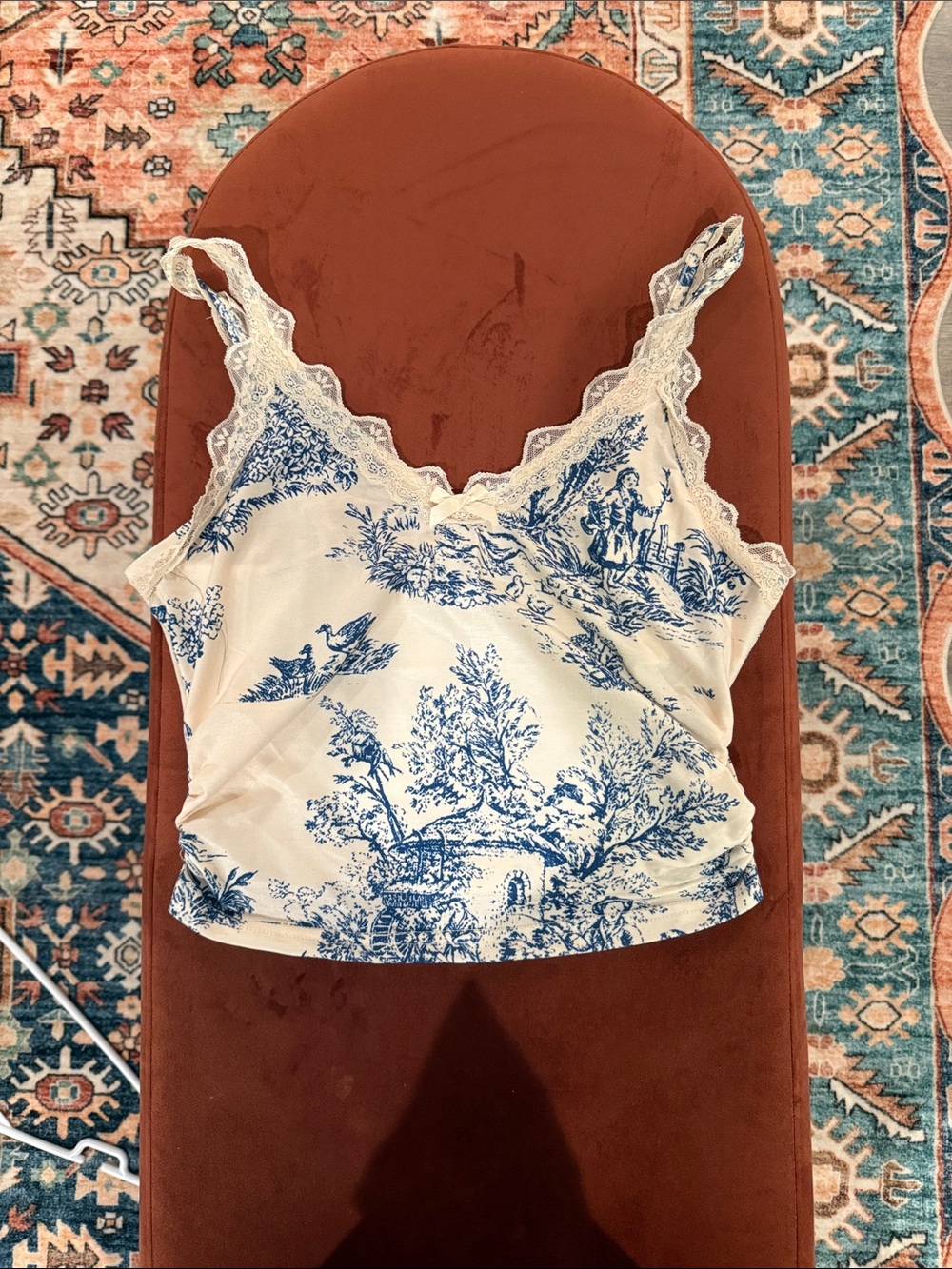 Cider Cream Camisole with Blue Toile Print and Lace